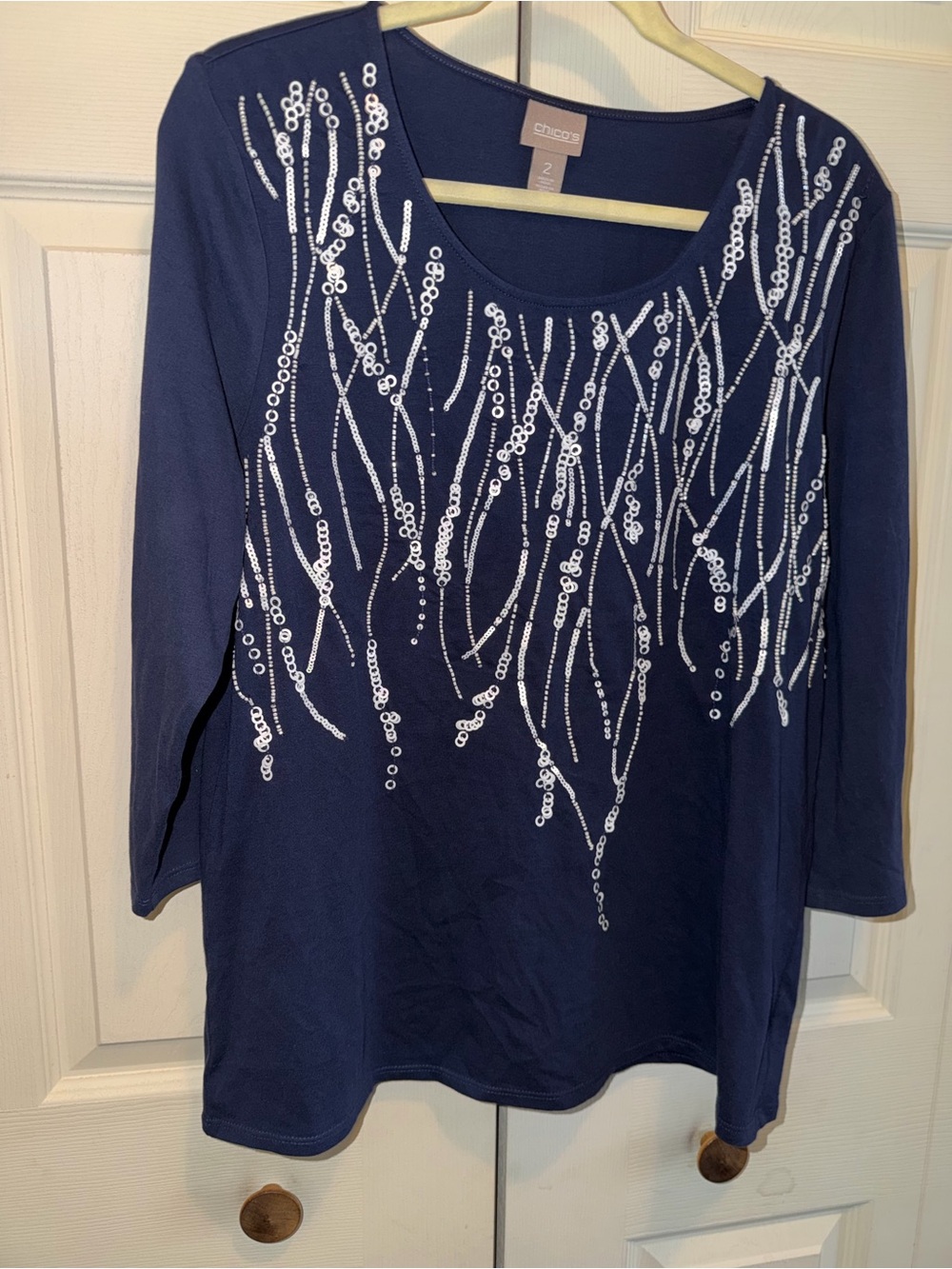 Chico's Navy Blue Long-Sleeve Sequin Scoop Neck Top